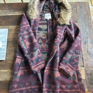 BB Dakota | Burgundy Patterned Jacket with Faux Fur Hood